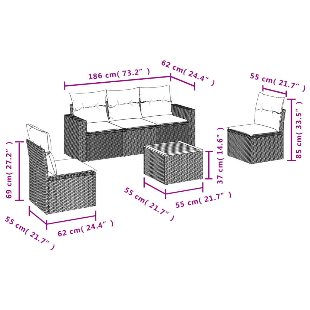 Set mobilier de grădină cu perne, 6 piese, negru, poliratan