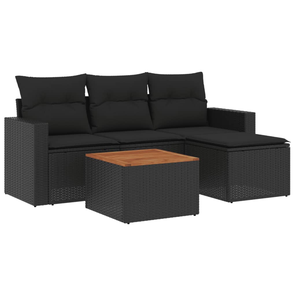 Set mobilier de grădină cu perne, 5 piese, negru, poliratan