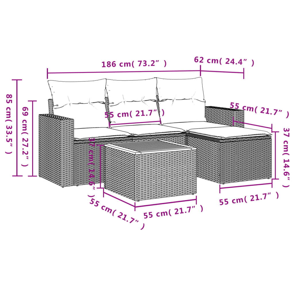 Set mobilier de grădină cu perne, 5 piese, negru, poliratan