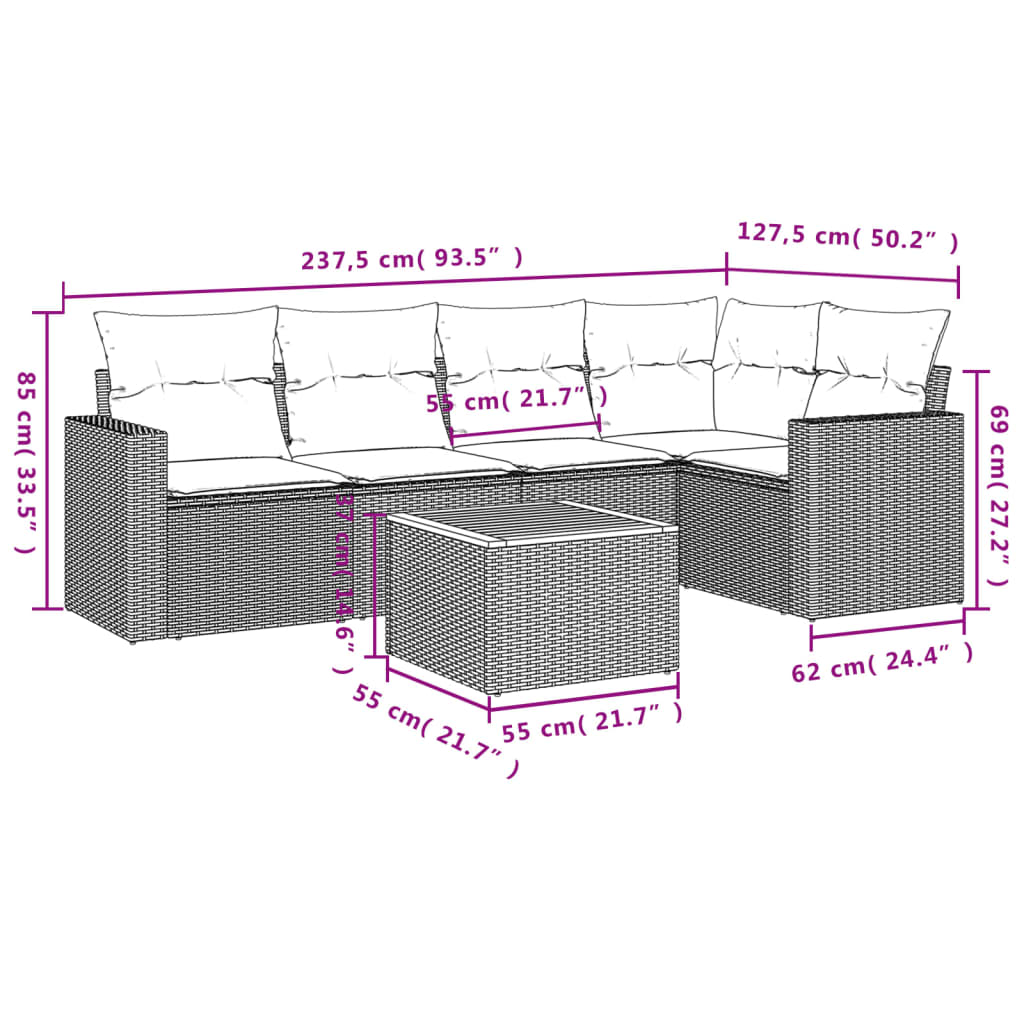 Set mobilier de grădină cu perne, 6 piese, negru, poliratan