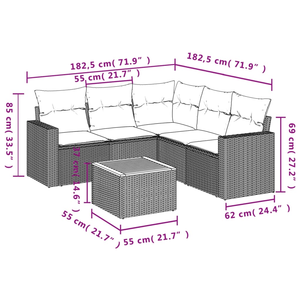 Set mobilier de grădină cu perne, 6 piese, negru, poliratan