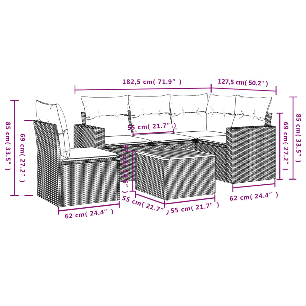 Set mobilier grădină cu perne, 6 piese, gri, poliratan