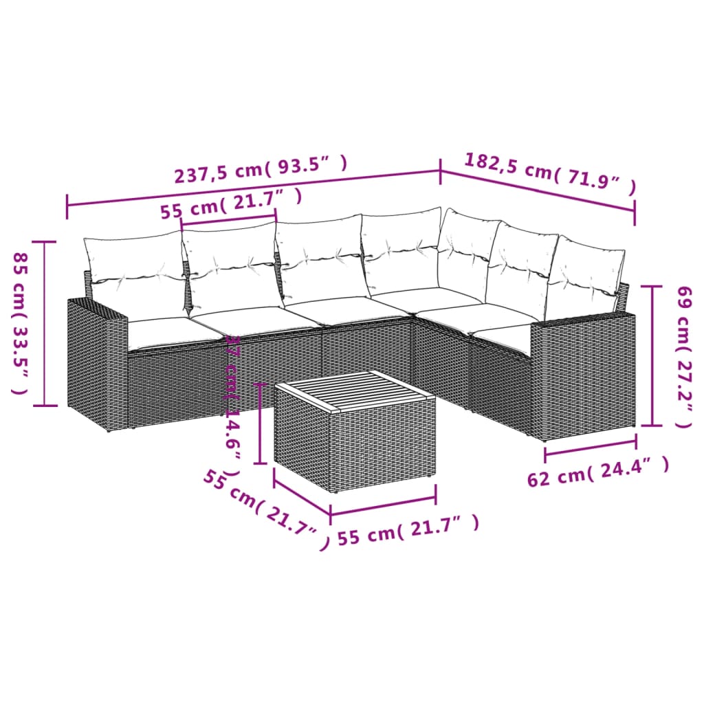 Set canapele de grădină cu perne, 7 piese, negru, poliratan