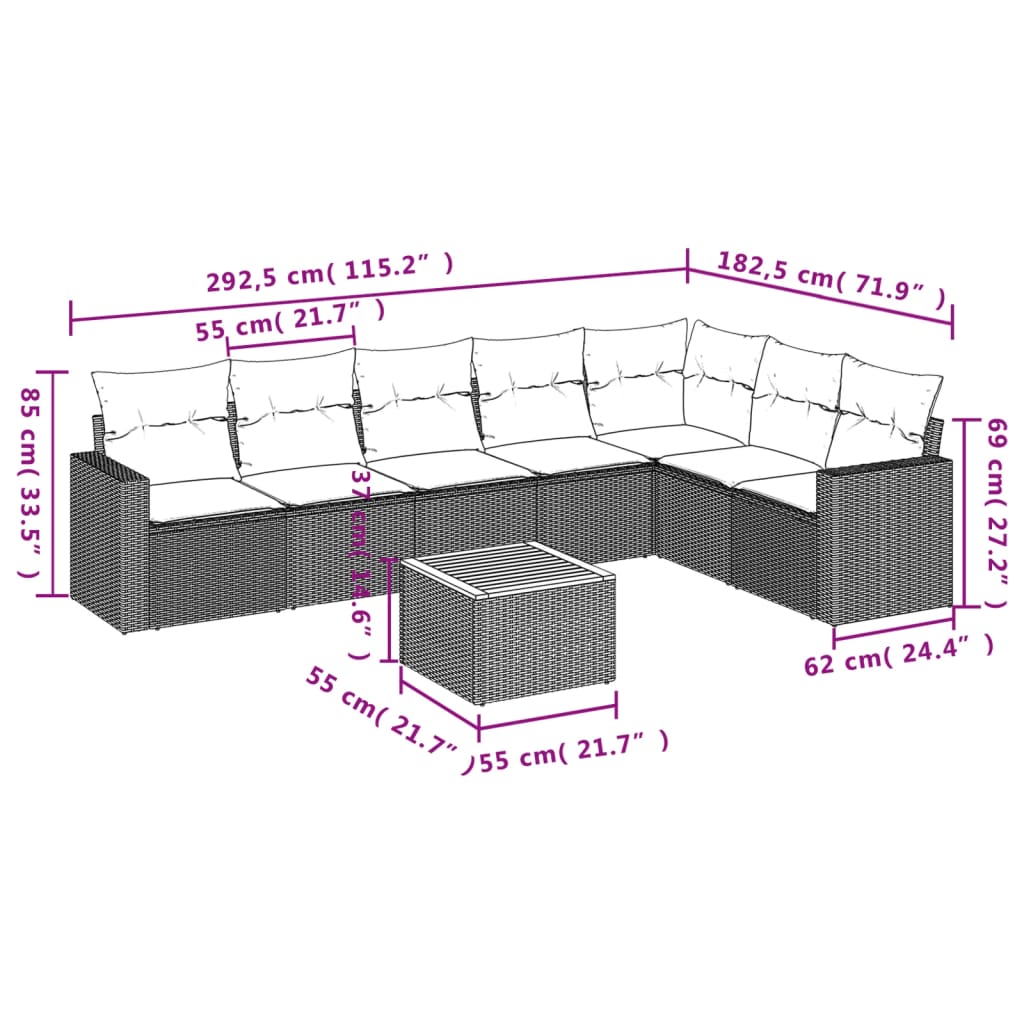 Set mobilier de grădină cu perne, 8 piese, negru, poliratan