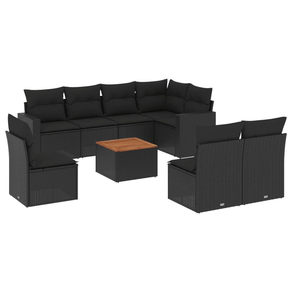 Set mobilier de grădină cu perne, 9 piese, negru, poliratan