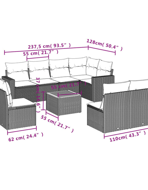 Загрузите изображение в средство просмотра галереи, Set mobilier de grădină cu perne, 9 piese, negru, poliratan
