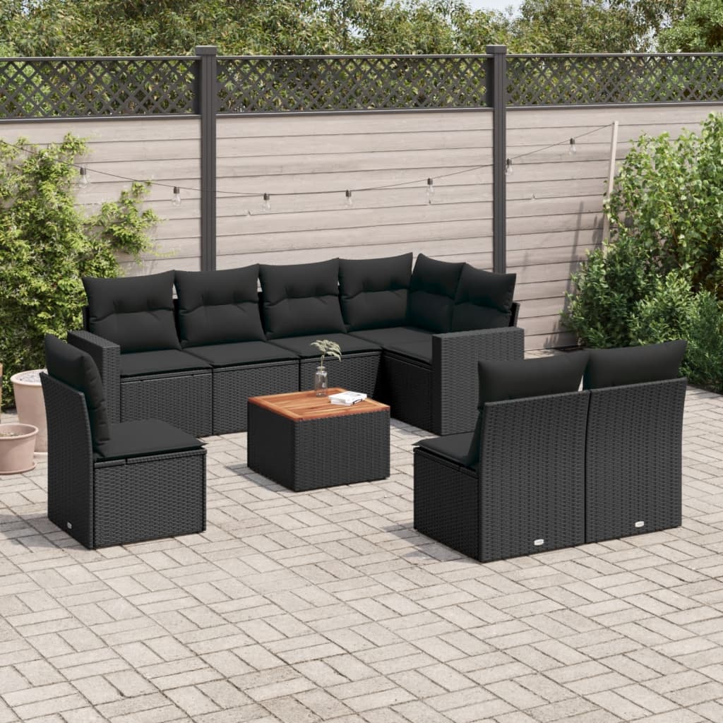 Set mobilier de grădină cu perne, 9 piese, negru, poliratan