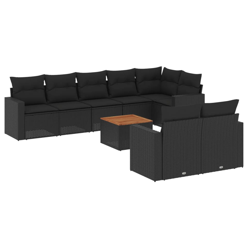 Set mobilier de grădină cu perne, 9 piese, negru, poliratan