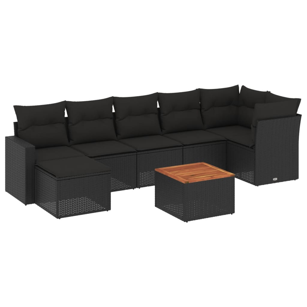 Set mobilier de grădină cu perne, 8 piese, negru, poliratan