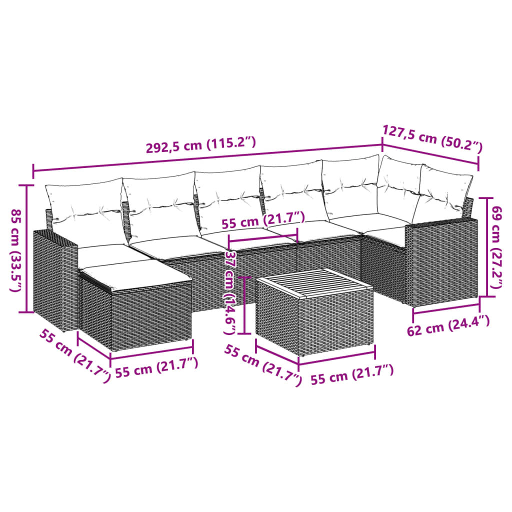 Set mobilier de grădină cu perne, 8 piese, negru, poliratan