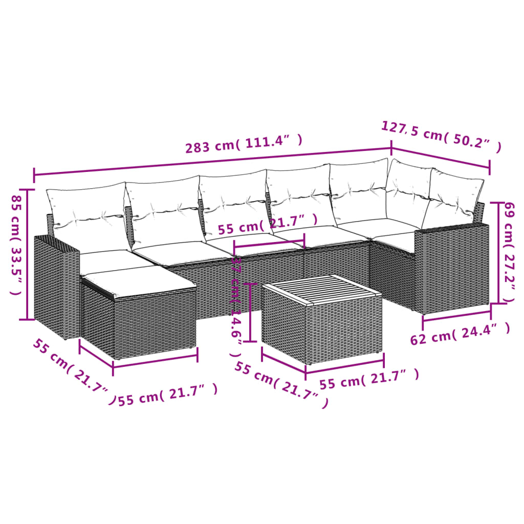 Set mobilier de grădină cu perne, 8 piese, negru, poliratan