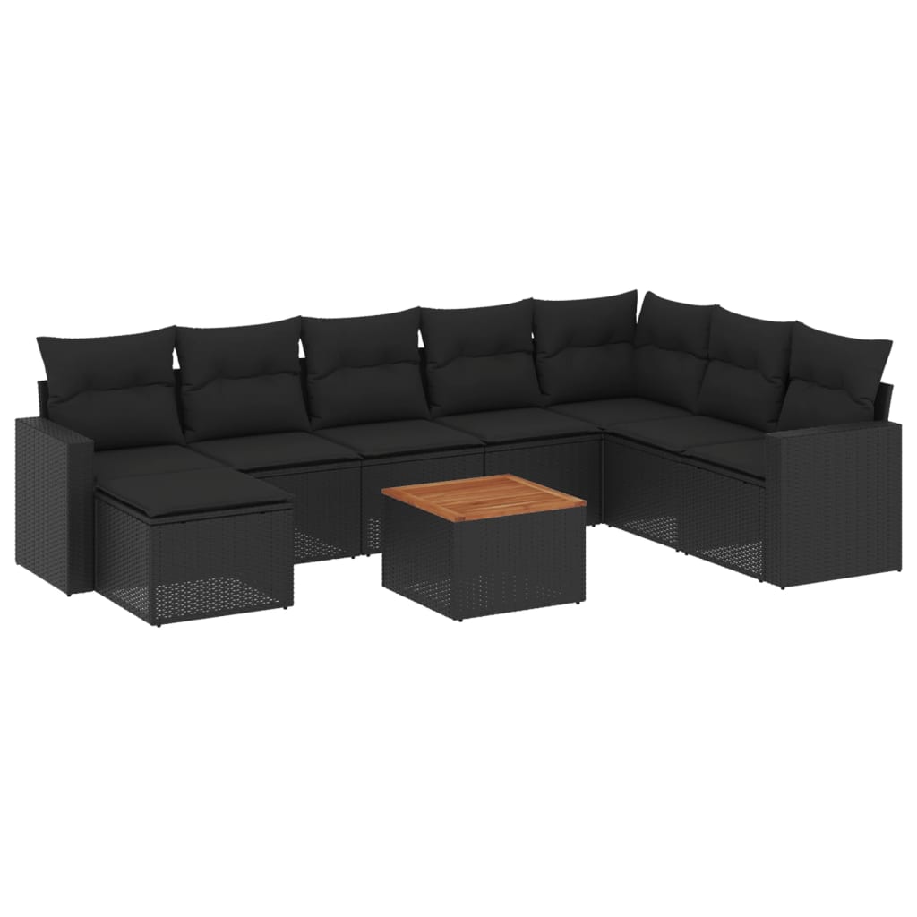 Set mobilier de grădină cu perne, 9 piese, negru, poliratan