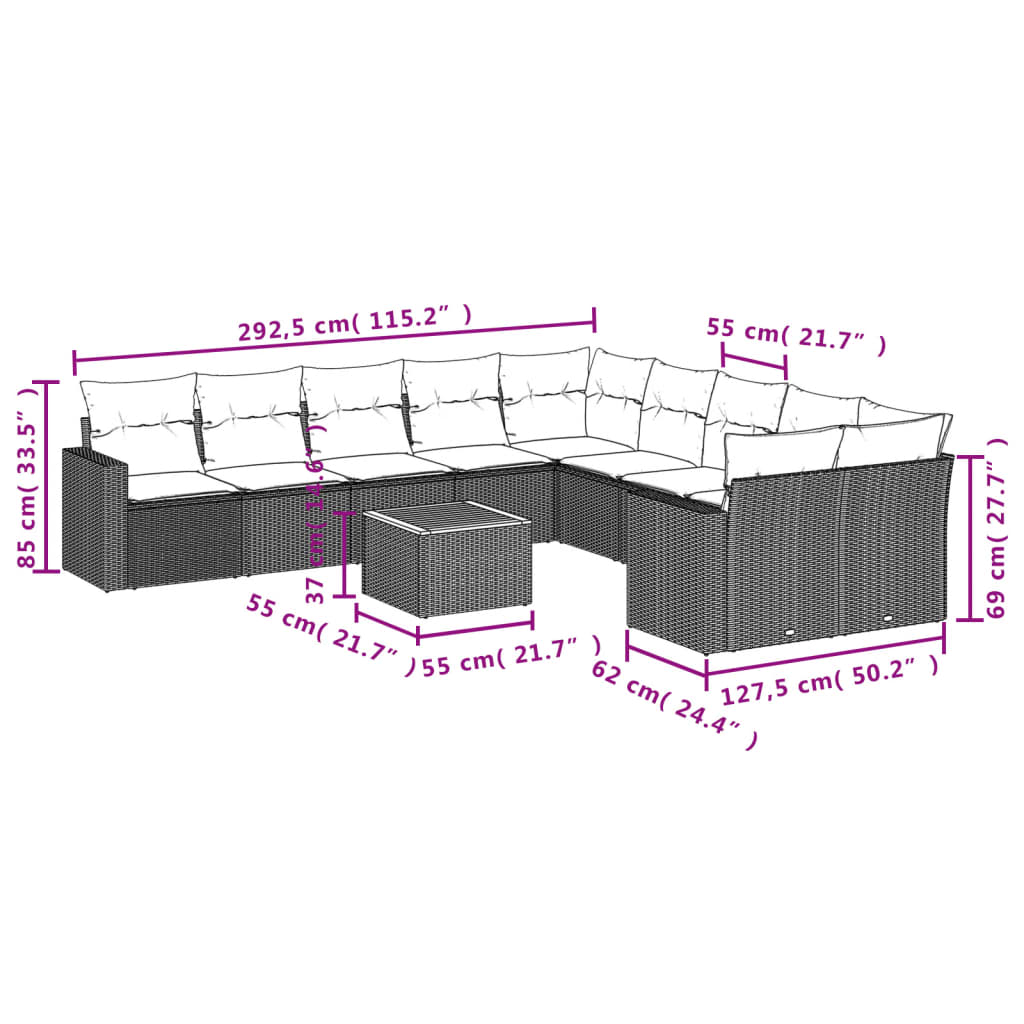 Set canapele de grădină cu perne, 11 piese, negru, poliratan