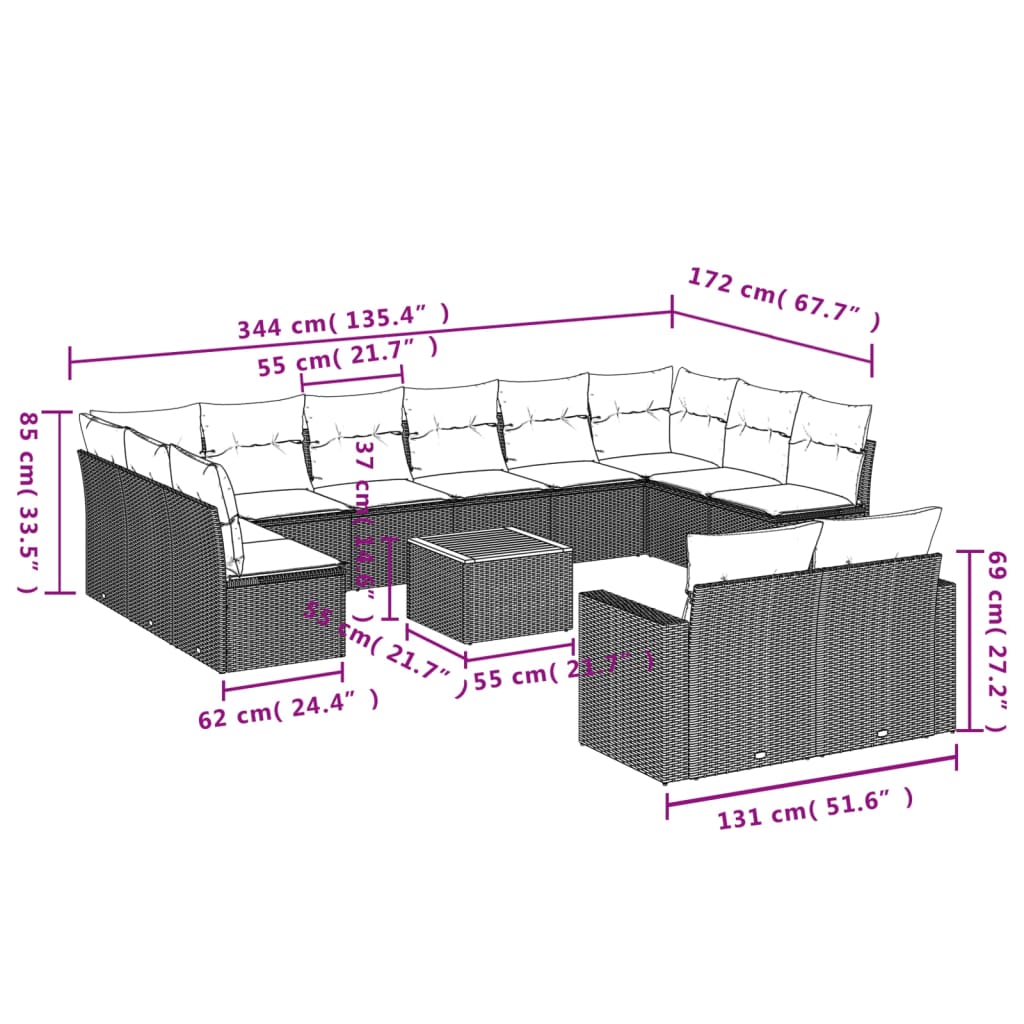 Set mobilier de grădină cu perne, 13 piese, gri, poliratan