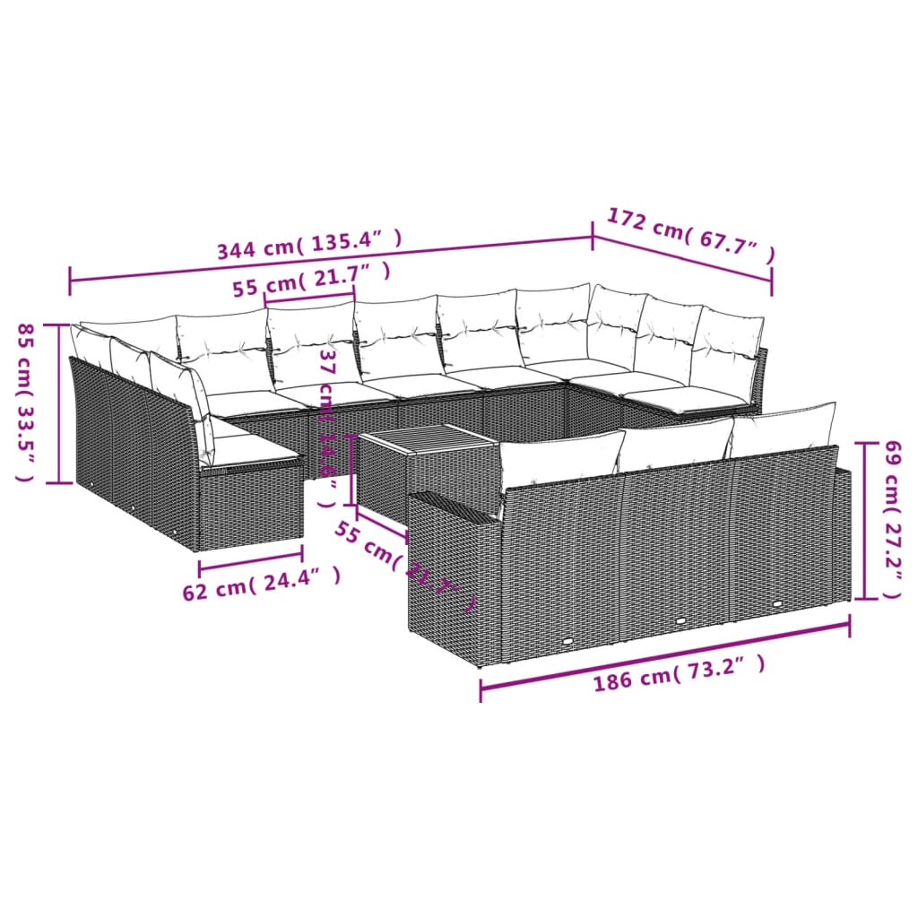 Set mobilier de grădină cu perne, 14 piese, negru, poliratan