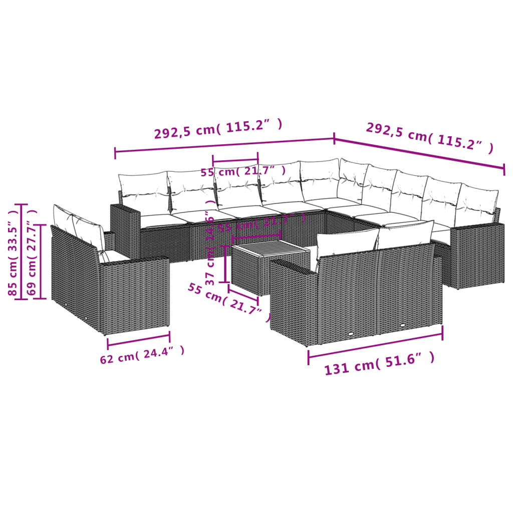 Set mobilier de grădină cu perne, 14 piese, negru, poliratan