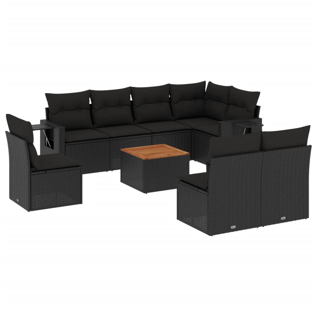 Set mobilier de grădină cu perne, 9 piese, negru, poliratan