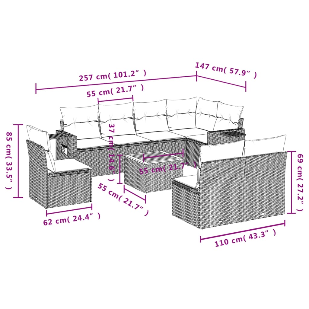 Set mobilier de grădină cu perne, 9 piese, negru, poliratan