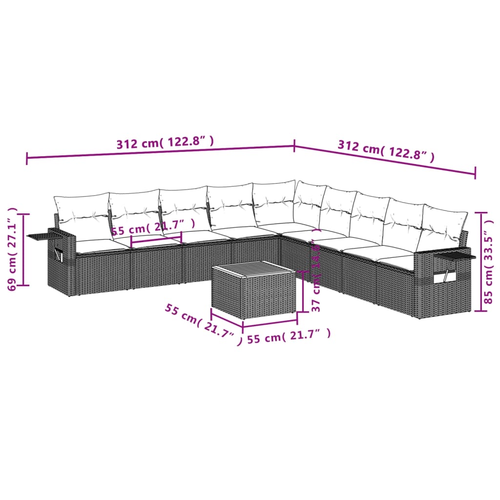 Set mobilier de grădină cu perne, 10 piese, gri, poliratan