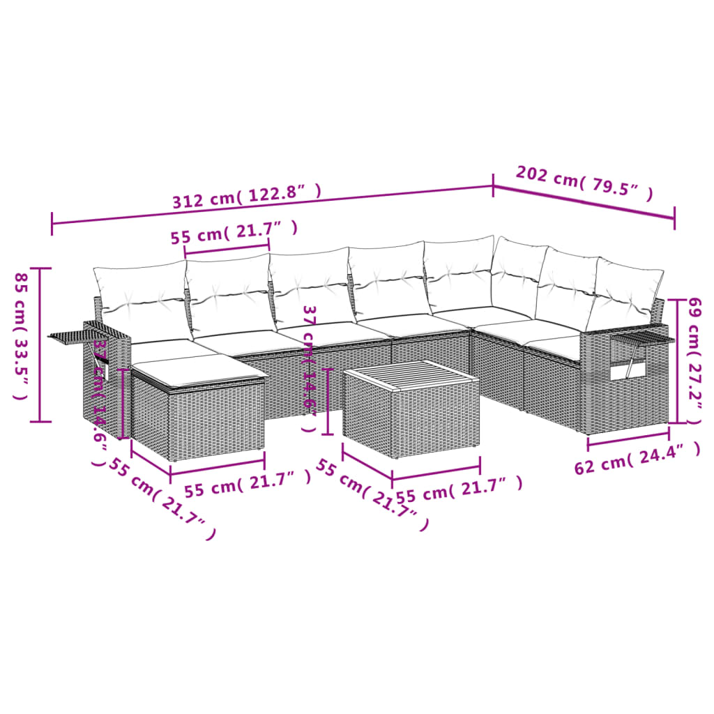 Set mobilier de grădină cu perne, 9 piese, negru, poliratan