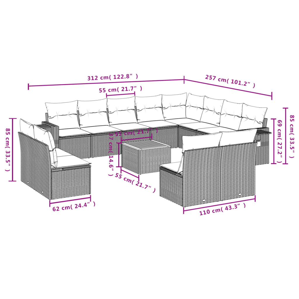 Set canapele de grădină, 13 piese, cu perne, bej, poliratan