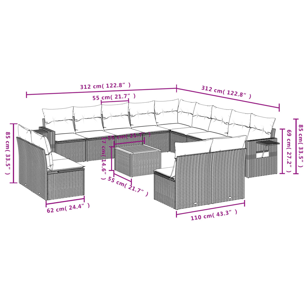 Set mobilier de grădină cu perne, 14 piese, negru, poliratan