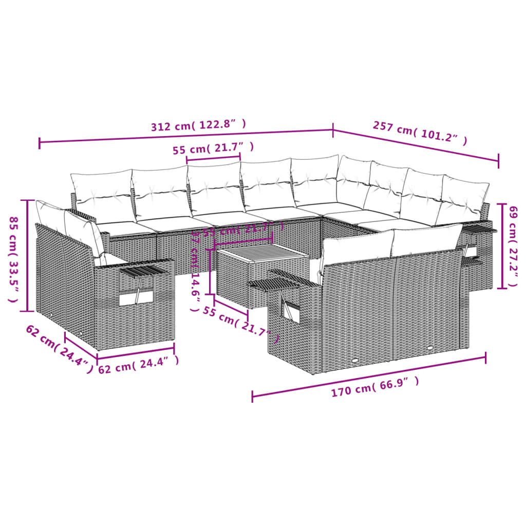 Set mobilier de grădină cu perne, 13 piese, negru, poliratan