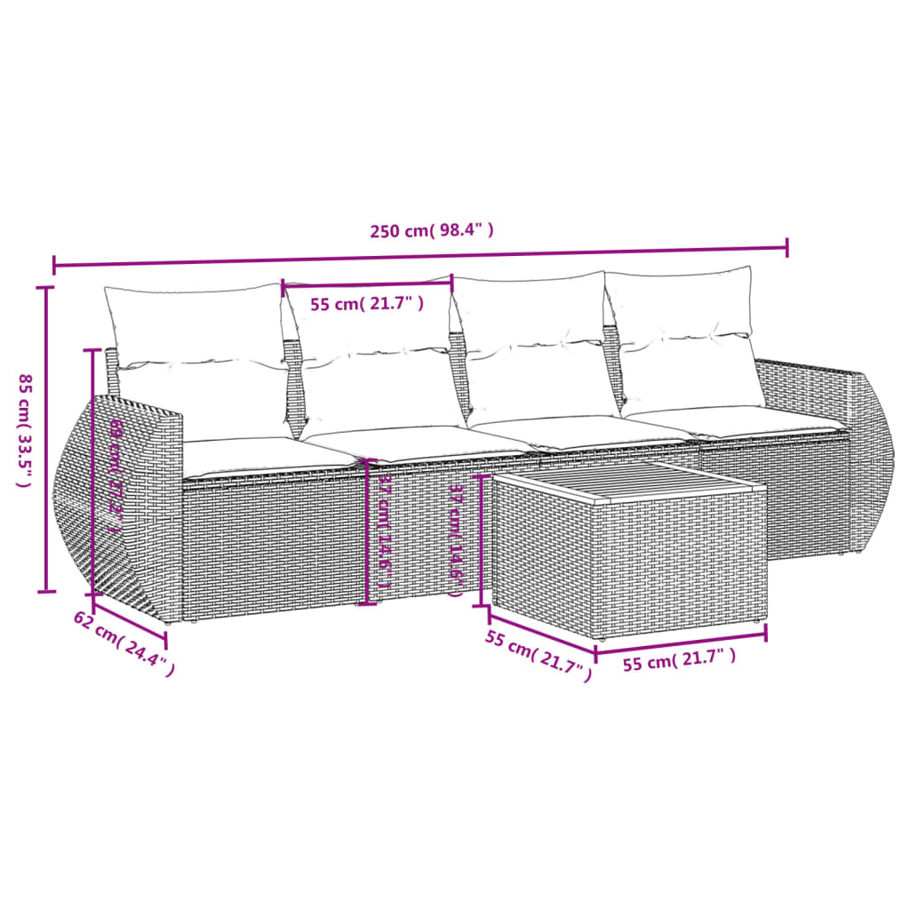 Set mobilier de grădină cu perne, 5 piese, negru, poliratan