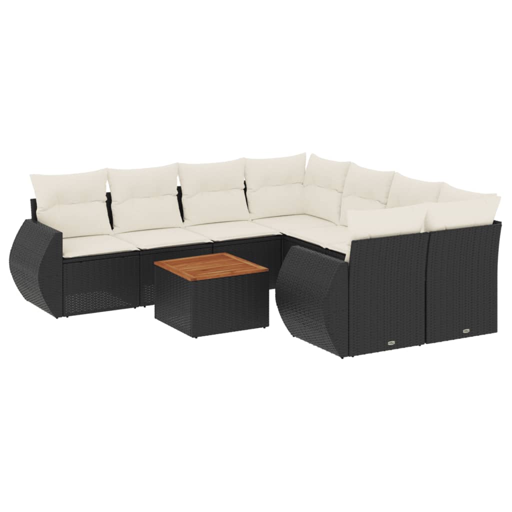 Set mobilier de grădină cu perne, 9 piese, negru, poliratan