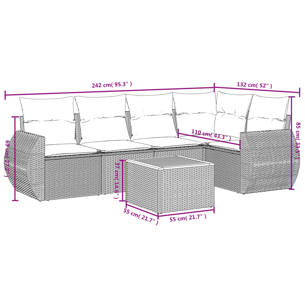 Set mobilier de grădină cu perne, 6 piese, negru, poliratan