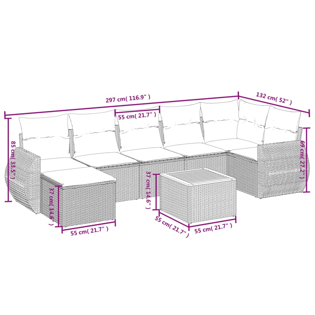 Set mobilier de grădină cu perne, 8 piese, negru, poliratan