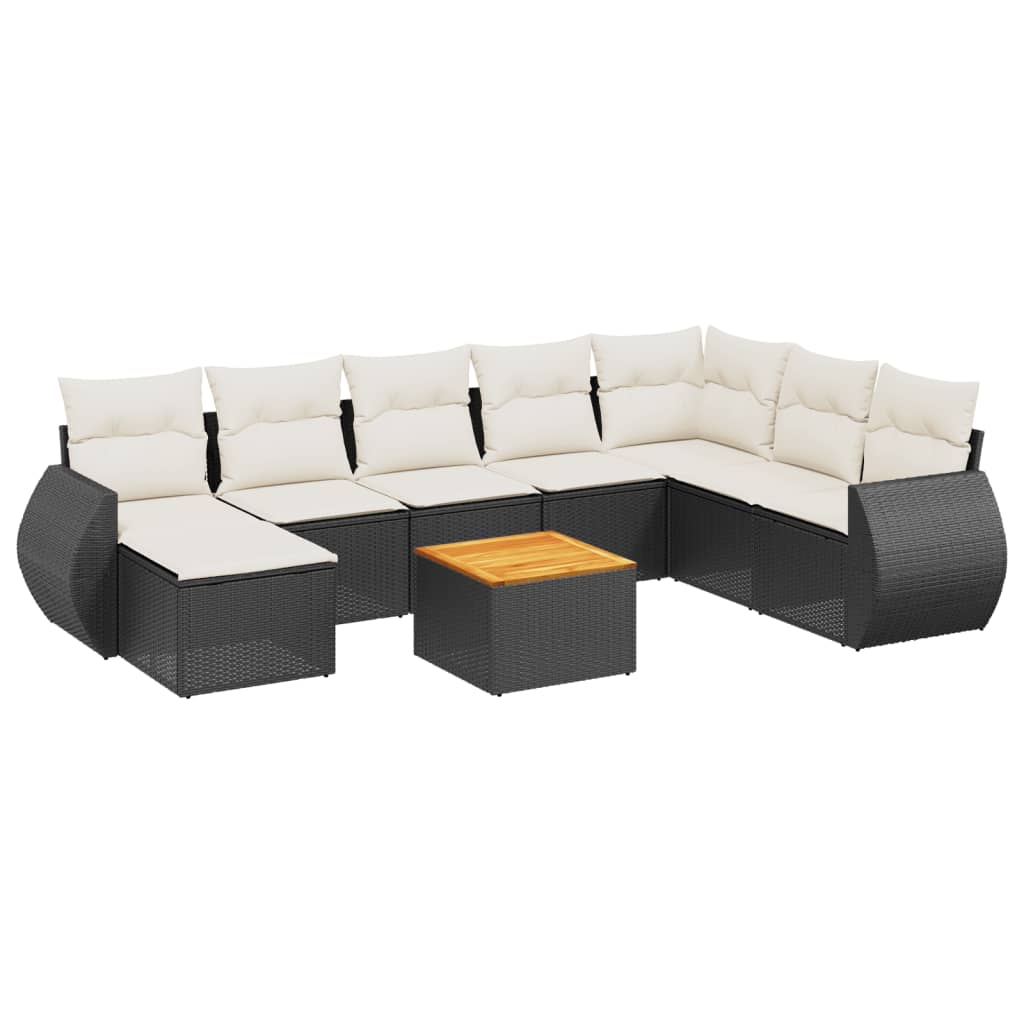 Set mobilier de grădină cu perne, 9 piese, negru, poliratan