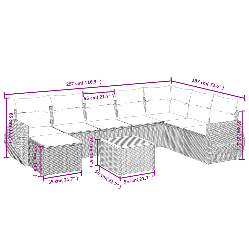 Set mobilier de grădină cu perne, 9 piese, negru, poliratan