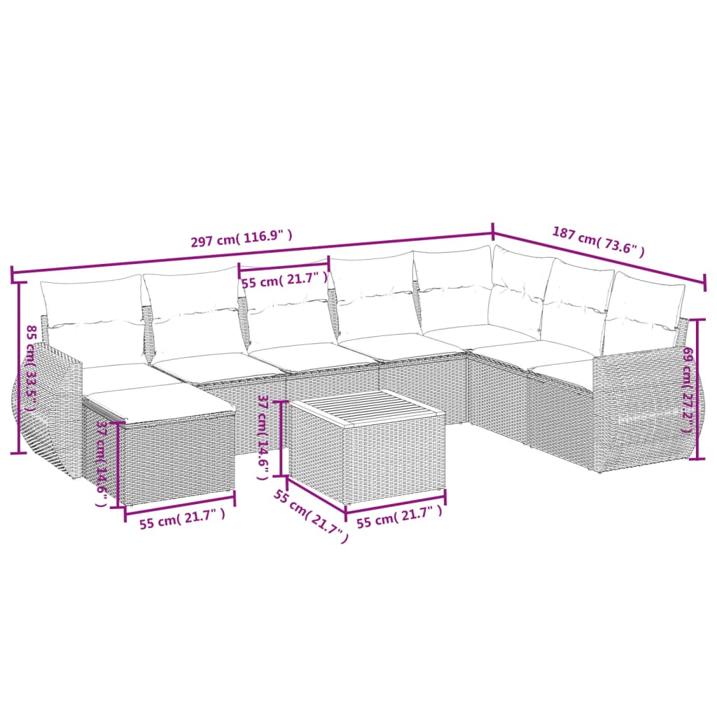 Set canapele de grădină, 9 piese, cu perne, bej, poliratan