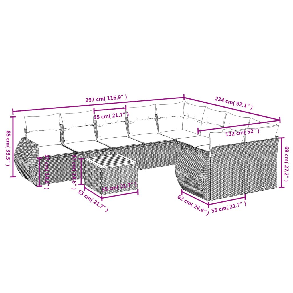 Set mobilier de grădină cu perne, 10 piese, gri, poliratan