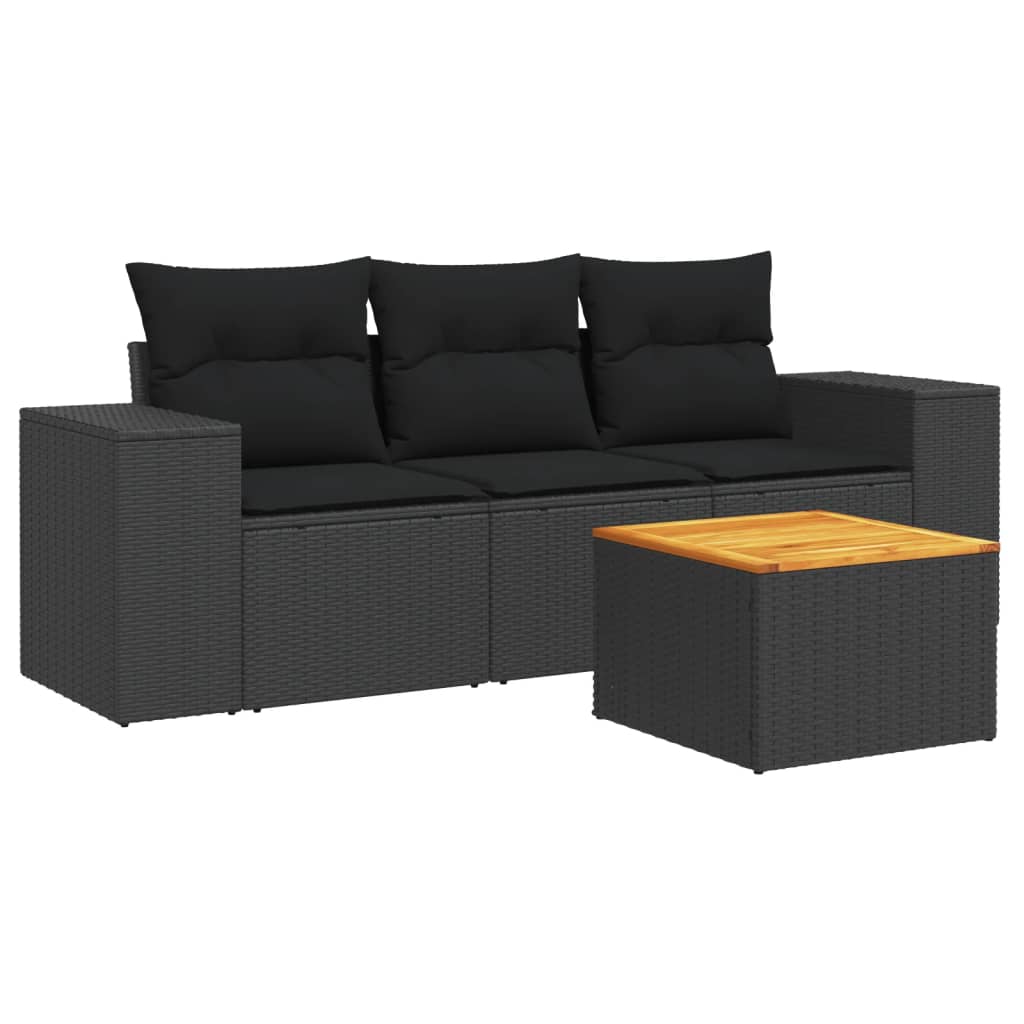 Set mobilier de grădină cu perne, 4 piese, negru, poliratan