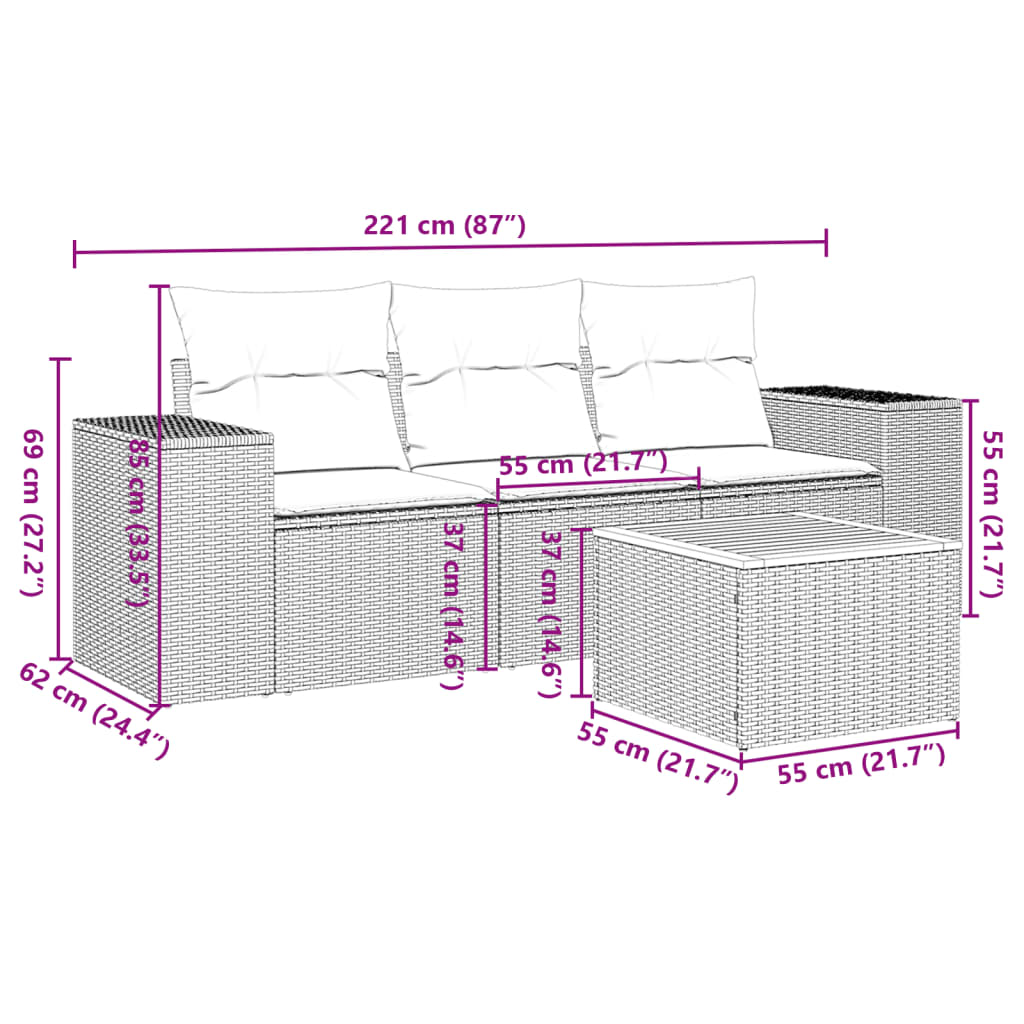 Set mobilier de grădină cu perne, 4 piese, negru, poliratan