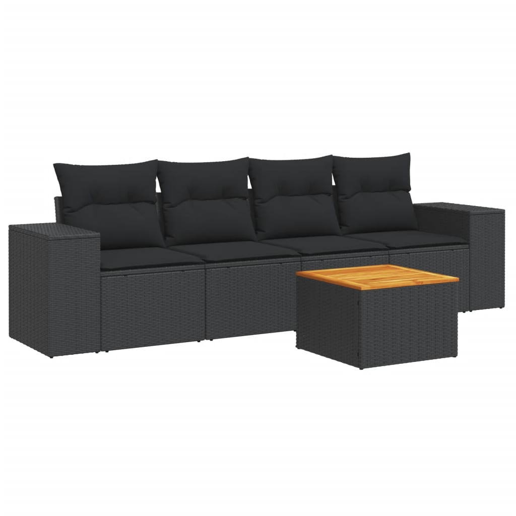 Set mobilier de grădină cu perne, 5 piese, negru, poliratan