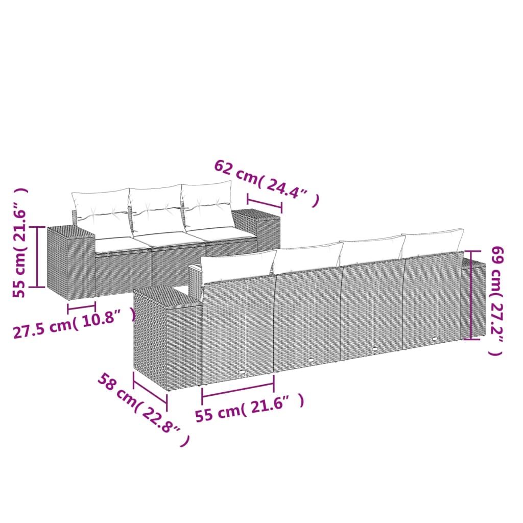 Set mobilier de grădină cu perne, 8 piese, negru, poliratan