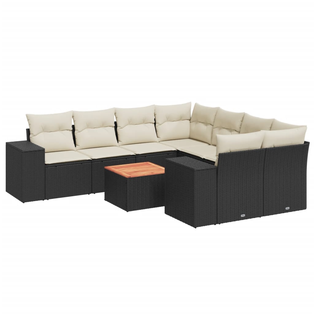 Set mobilier de grădină cu perne, 9 piese, negru, poliratan