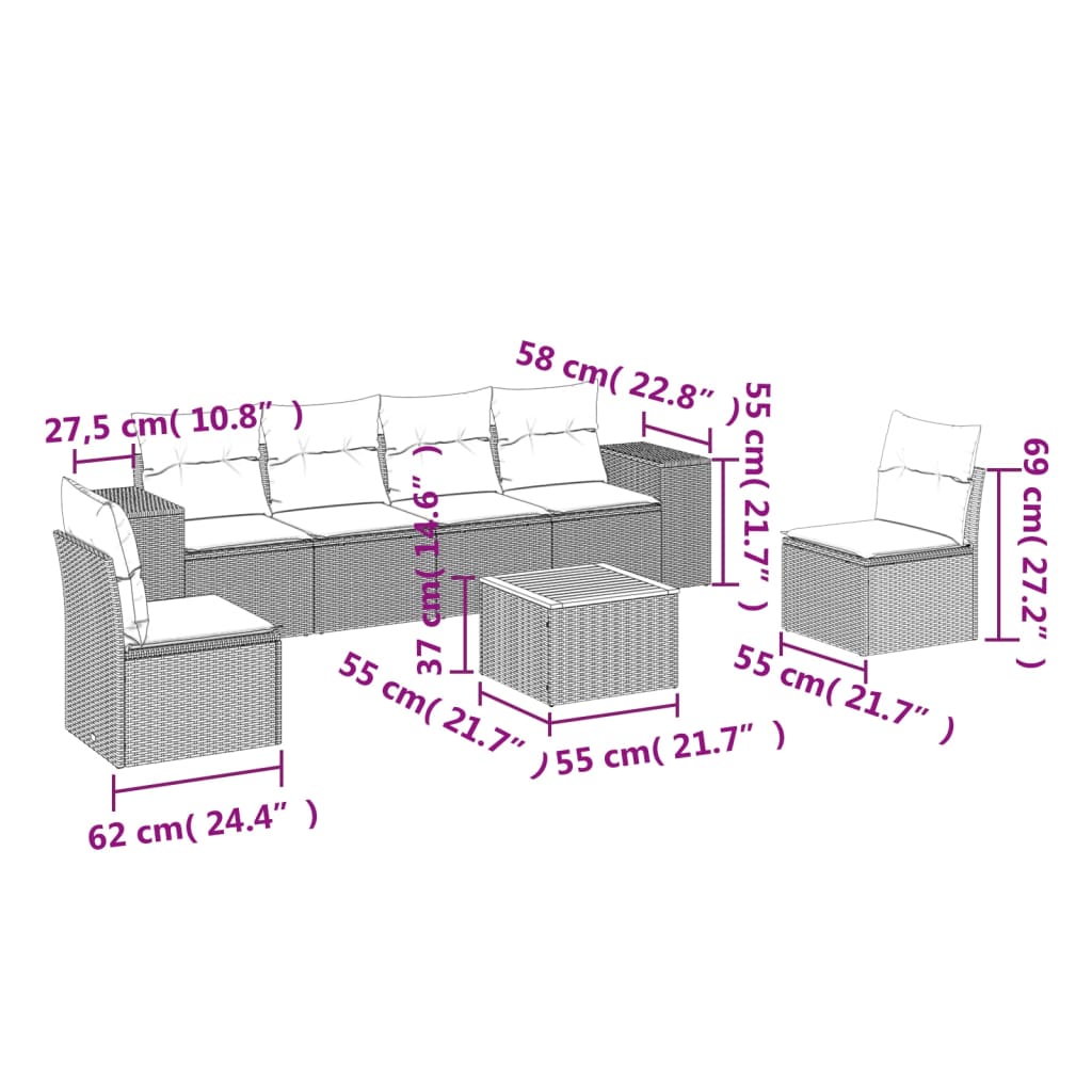 Set canapele de grădină cu perne, 7 piese, negru, poliratan