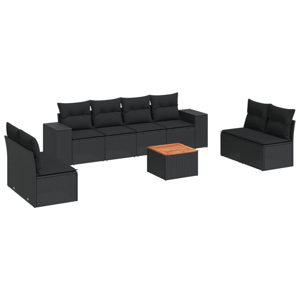 Set mobilier de grădină cu perne, 9 piese, negru, poliratan