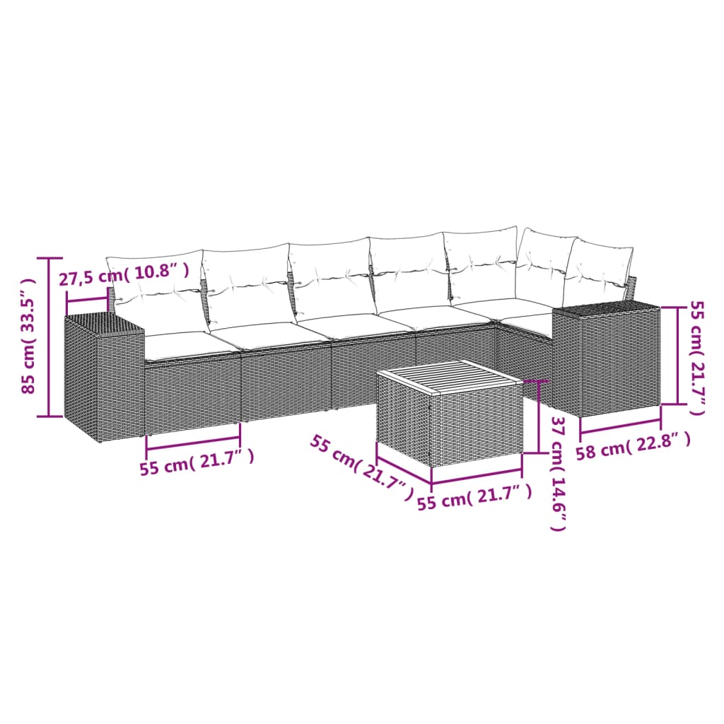 Set canapele de grădină cu perne, 7 piese, negru, poliratan