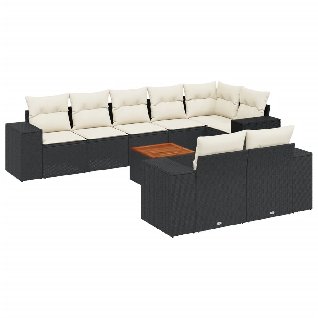 Set mobilier de grădină cu perne, 9 piese, negru, poliratan