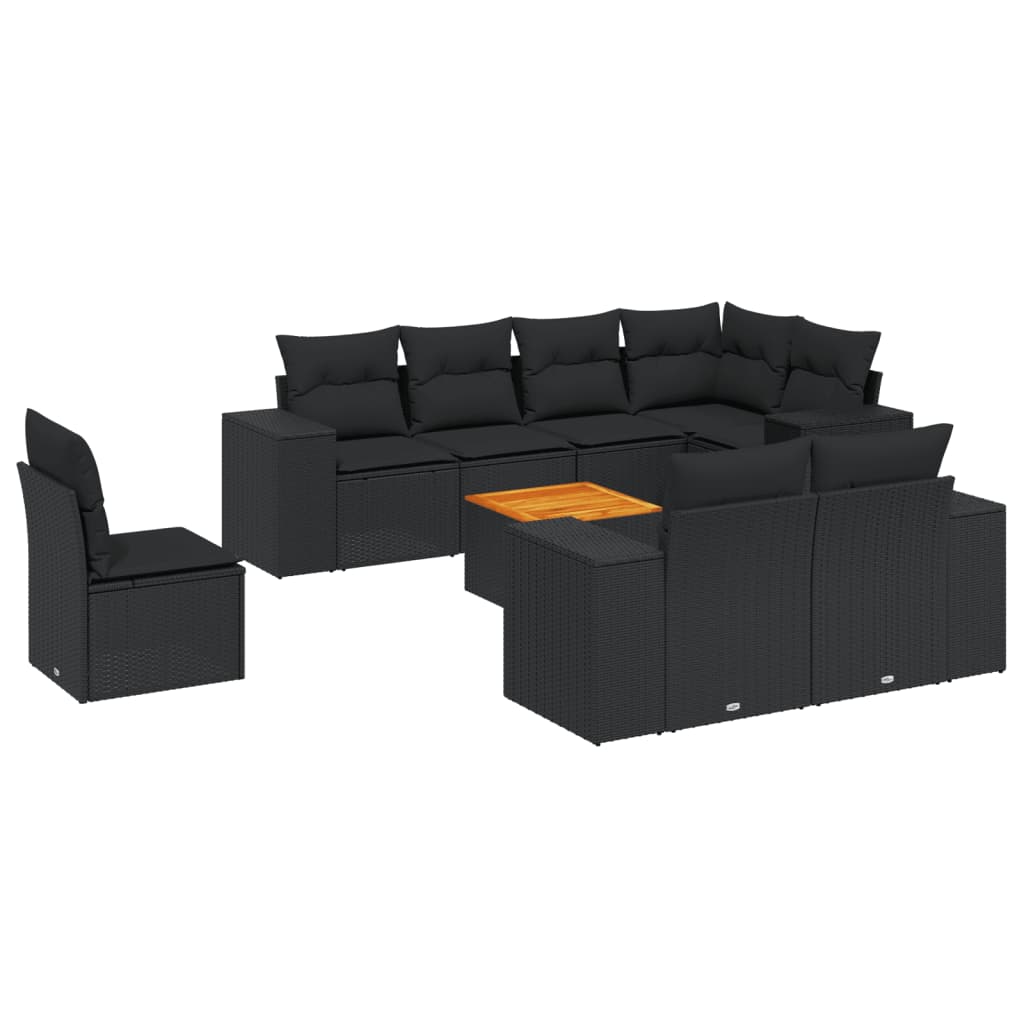 Set mobilier de grădină cu perne, 9 piese, negru, poliratan