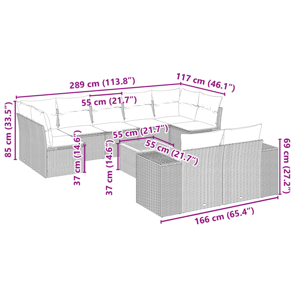 Set mobilier de grădină cu perne, 10 piese, gri, poliratan