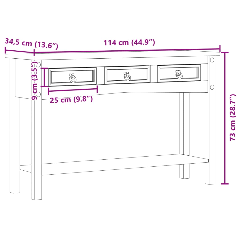 Măsuță consolă Corona, 114x34,5x73 cm, lemn masiv de pin