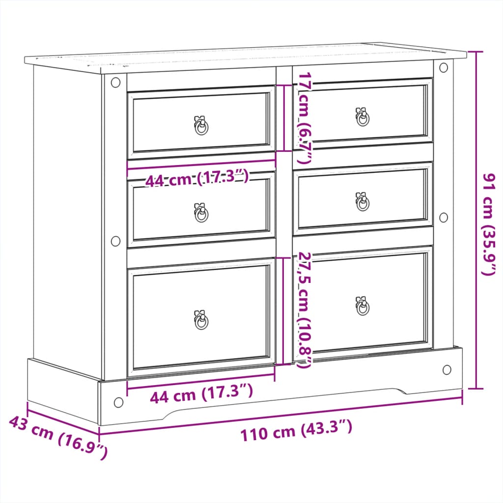 Dulap cu sertare „Corona”, 110x43x91 cm, lemn masiv de pin