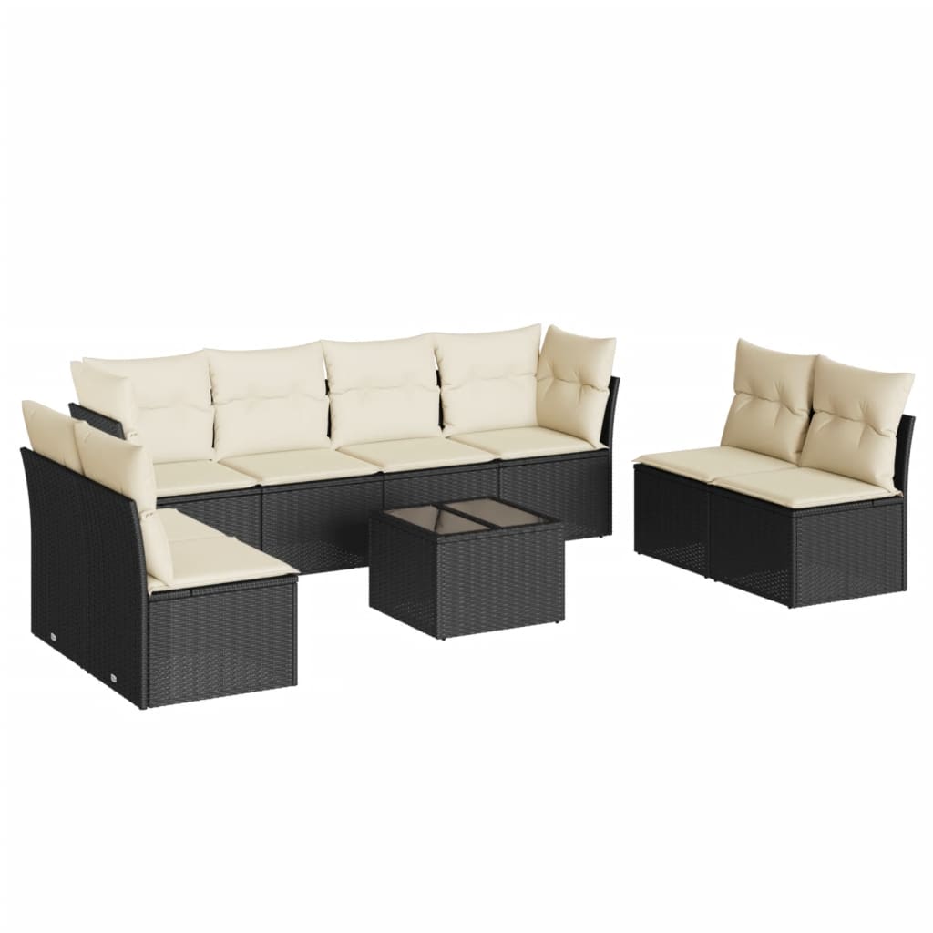 Set mobilier de grădină cu perne, 9 piese, negru, poliratan