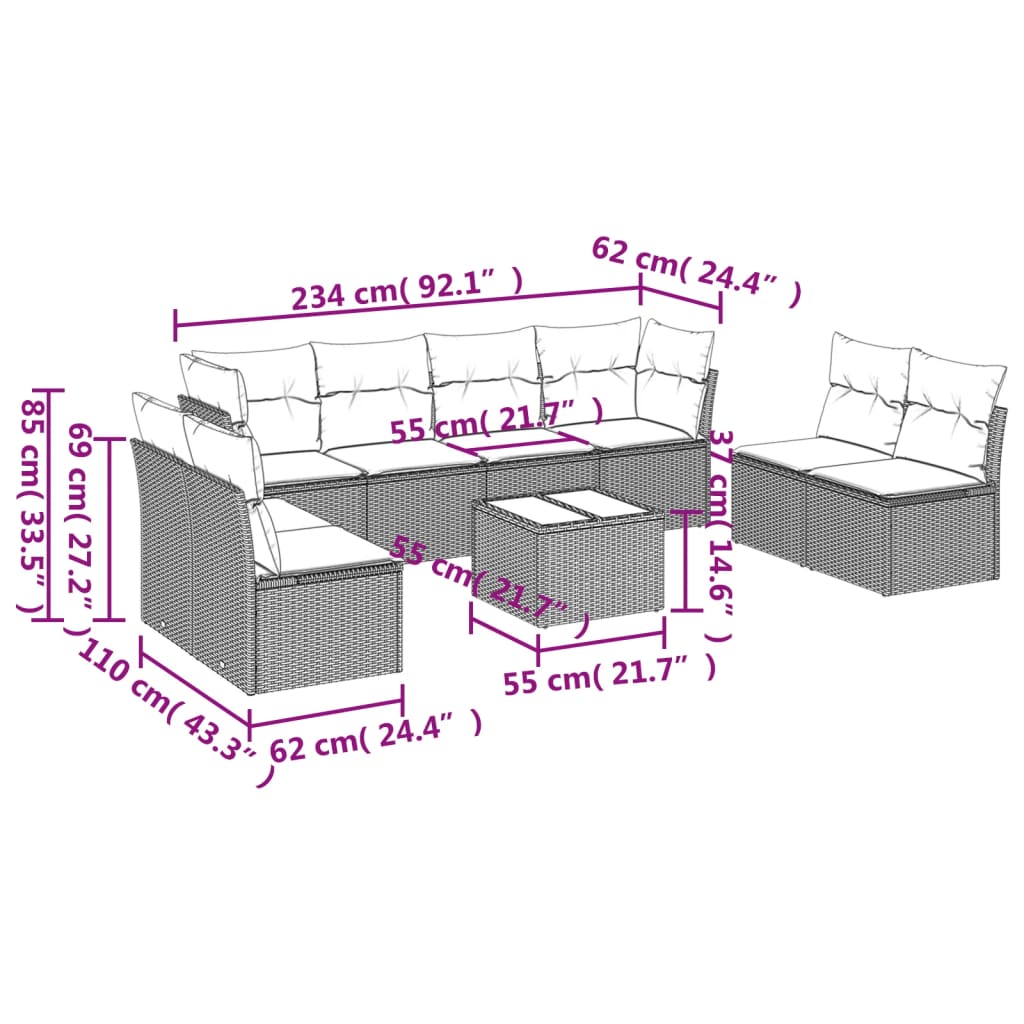 Set mobilier de grădină cu perne, 9 piese, negru, poliratan